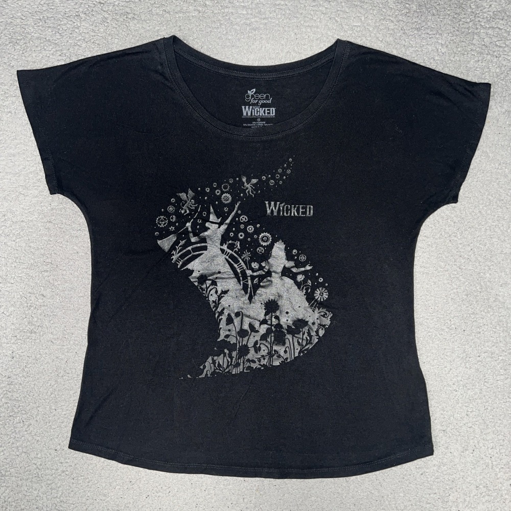 Green For Good Wicked The Musical Broadway T Shirt Women Sz M Black Rayon Blend